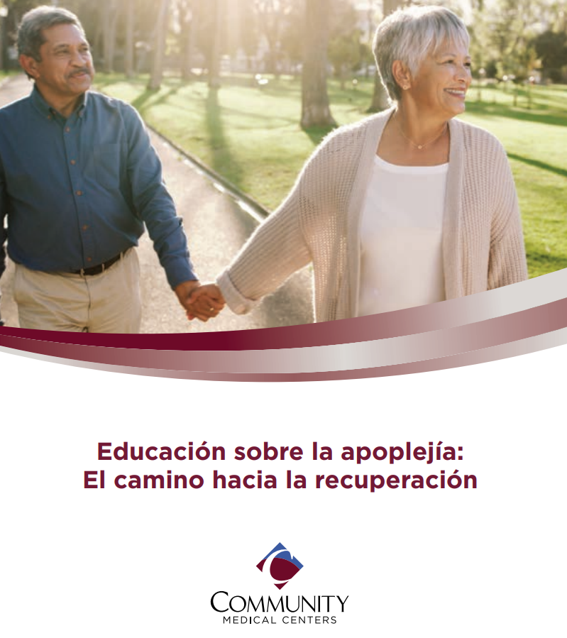 Imagen de un hombre y una mujer latinos de mediana edad tomados de la mano con el texto "Education sobre la apoplejia: El caminohacia la recuperacion"