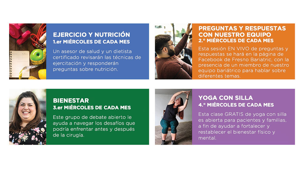 un cuadro dividido en cuatro partes con texto y fotos de personas haciendo yoga en una silla, levantando la mano y sonriendo