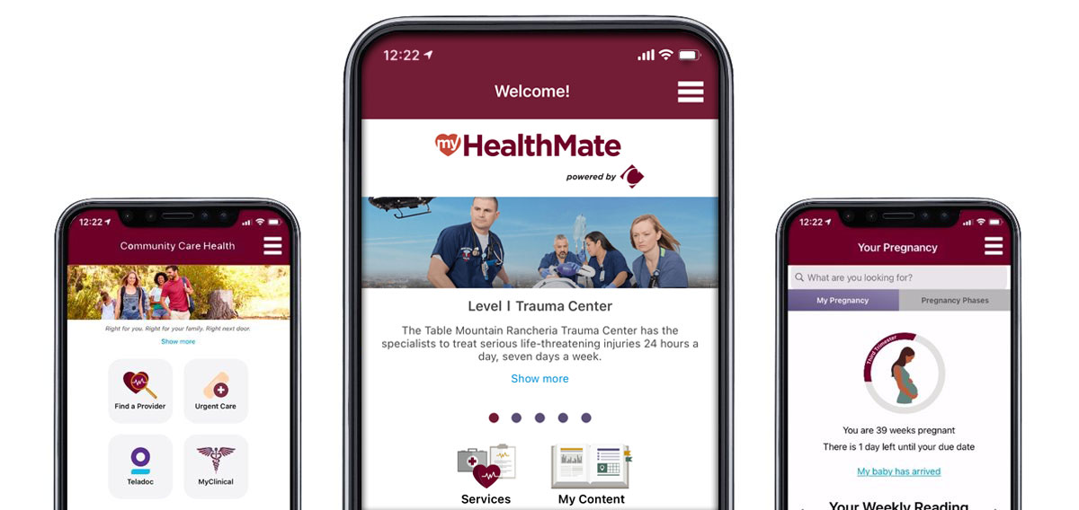 tres pantallas de teléfonos inteligentes que muestran las páginas web de MyHealthMate