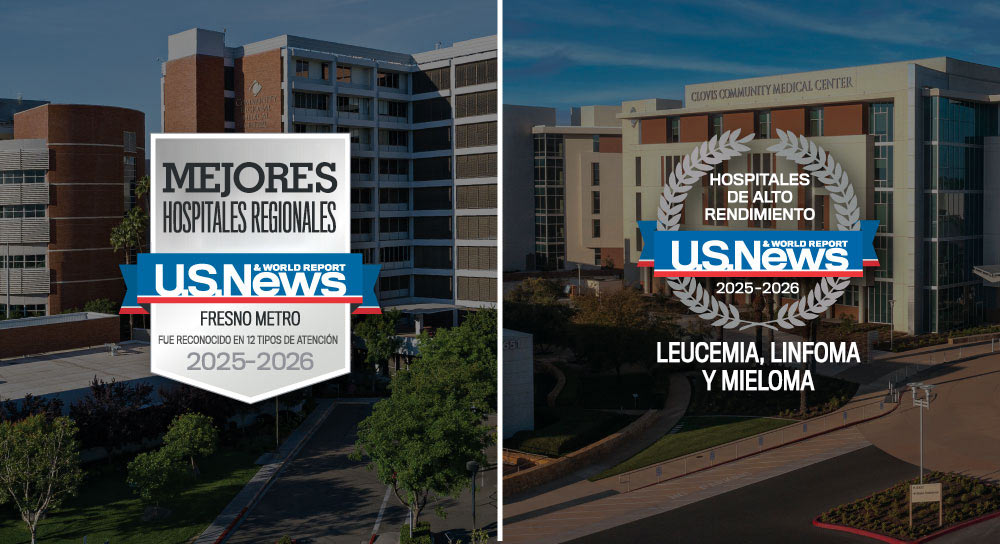 Gráfico dividido. A la izquierda, una imagen del hospital Community Regional con el logotipo de "Best Regional Hospitals" U.S. News. A la derecha, una imagen de Clovis Community con un logotipo similar