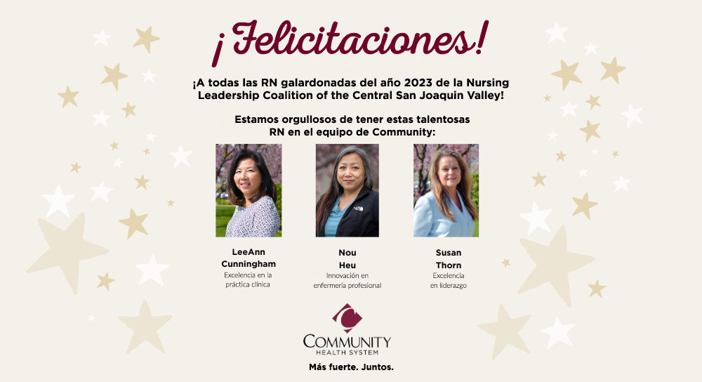 Un gráfico felicitando a los galardonados con el premio Community RN of the Year Award