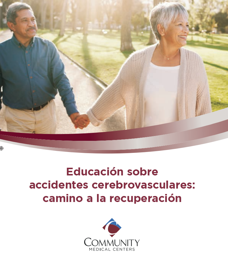 Imagen de un hombre y una mujer latinos de mediana edad tomados de la mano con el texto "Stroke Education: Road to Recovery"